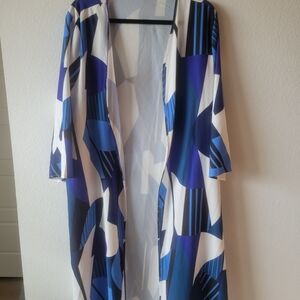 Abstract Blue and White Open Front Kimono & Pants